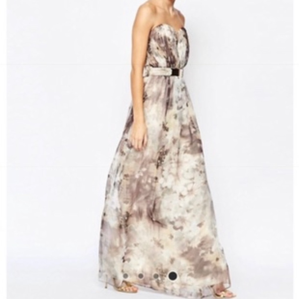 Strapless Floral chiffon gold belted maxi dress